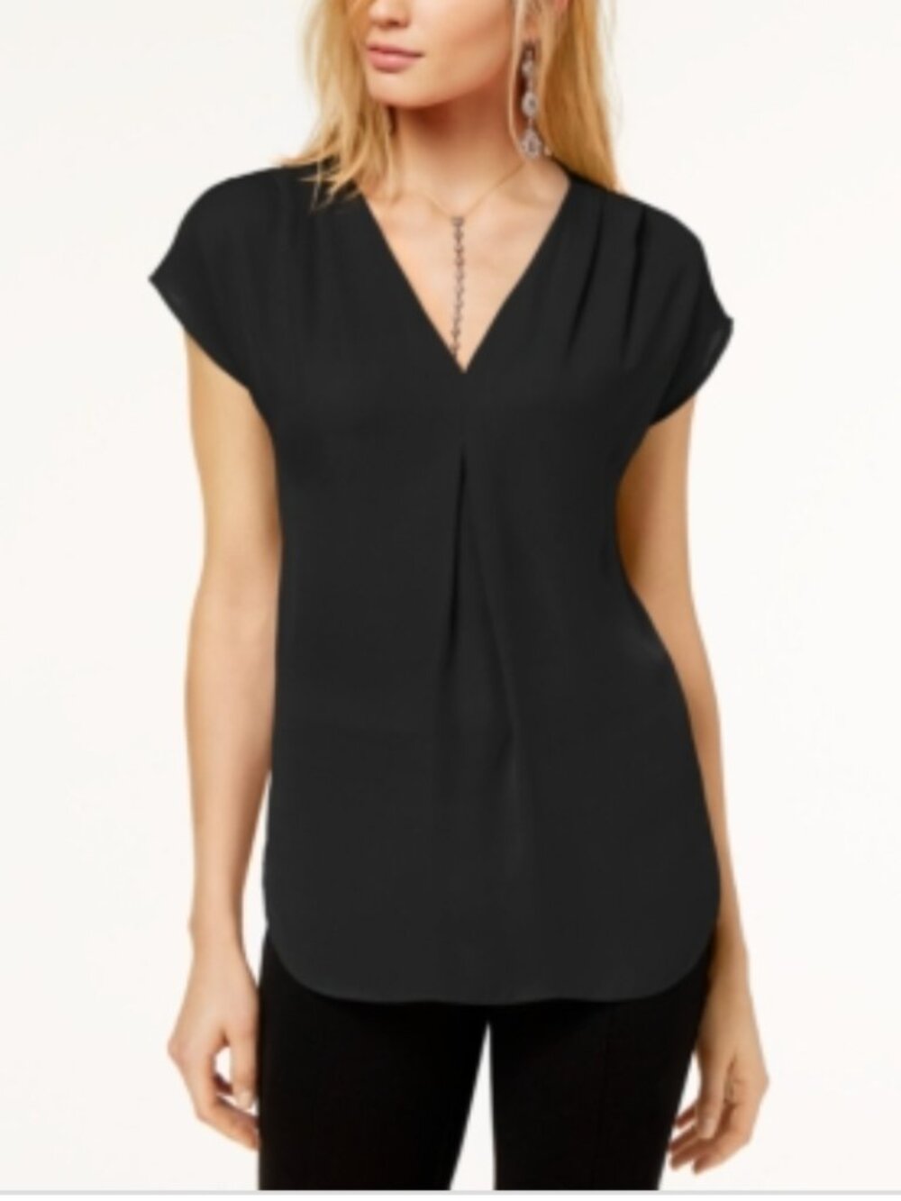 INC Womens Black Pleated Cap Sleeve V Neck Top Petites PS